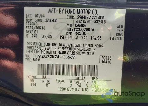 2004 Ford Explorer Xls from USA, damaged, VIN 1FMZU72K74UC36691